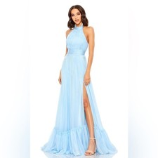 NEW Mac Duggal 67816 High Halter Neck Open Back Gown Maxi Dress Sky Blue 8 NWT