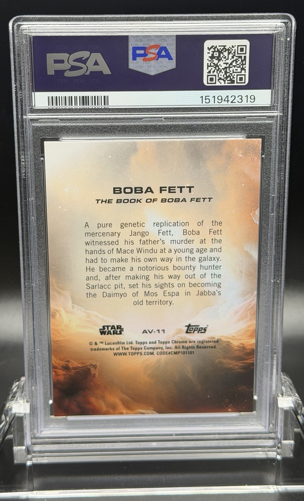 2025 Topps Star Wars Chrome #AV11 Boba Fett Aurebesh Variation /99 PSA 10 pop 3 view 2