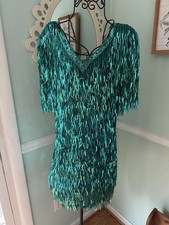 oleg cassini seqin dress 12 teal Coktail Gown Knee Length Flapper