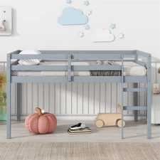 Rubber Wooden Twin Size Low Loft Bed with Ladder,Guardrails & Storage Space,Gray