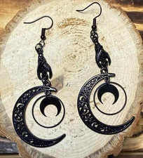 NEW Large Goth Black Hanging Bat / Crescent Moon Dangle Earrings