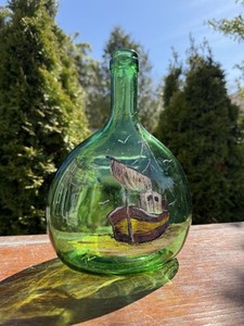 ANTIQUE GREEN GLASS BOTTLE HAND BLOWN PAINTED