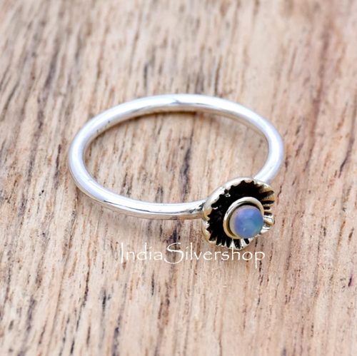 Anillo cabujón de ópalo etíope natural plata de ley 925 banda minimalista para ella - Imagen 4 de 4