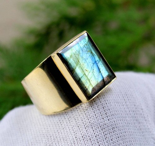 Solid 925 Sterling Silver Natural Blue Labradorite Gemstone Men's Unisex Ring - Picture 8 of 12