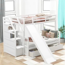 Twin over Full Size Wood Bunk Bed with Two Storage Drawers Stairs & Slide White