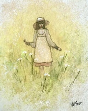 Original 1970s Karl Heffner Flower Power Child Painting Mid Century Modern MCM