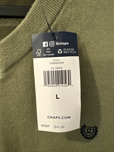 CHAPS Mens Size L Sweater Vest Casual Golf Olive Green 100% Cotton V Neck NWT - Picture 3 of 7