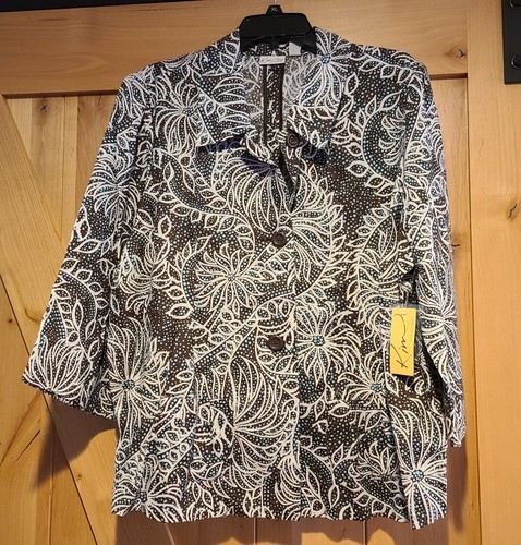 New! Kim Rogers Women Plus 1X Linen Jacket Blazer Floral Pockets 3/4 Sleeve