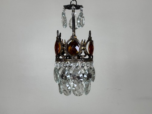 Matching 2 Antique Brass & Crystal Chandelier Lighting Ceiling Lamp Light 1960's - Picture 12 of 12