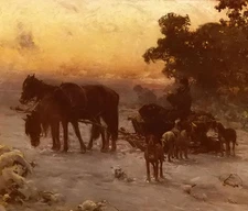 Oil alfred von kowalski wierusz - a journey in winter Horse-drawn sleigh dogs