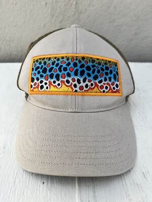 Simms Fishing Hat Cap Snap Back One Size Adjustable Abstract Embroidered Mesh
