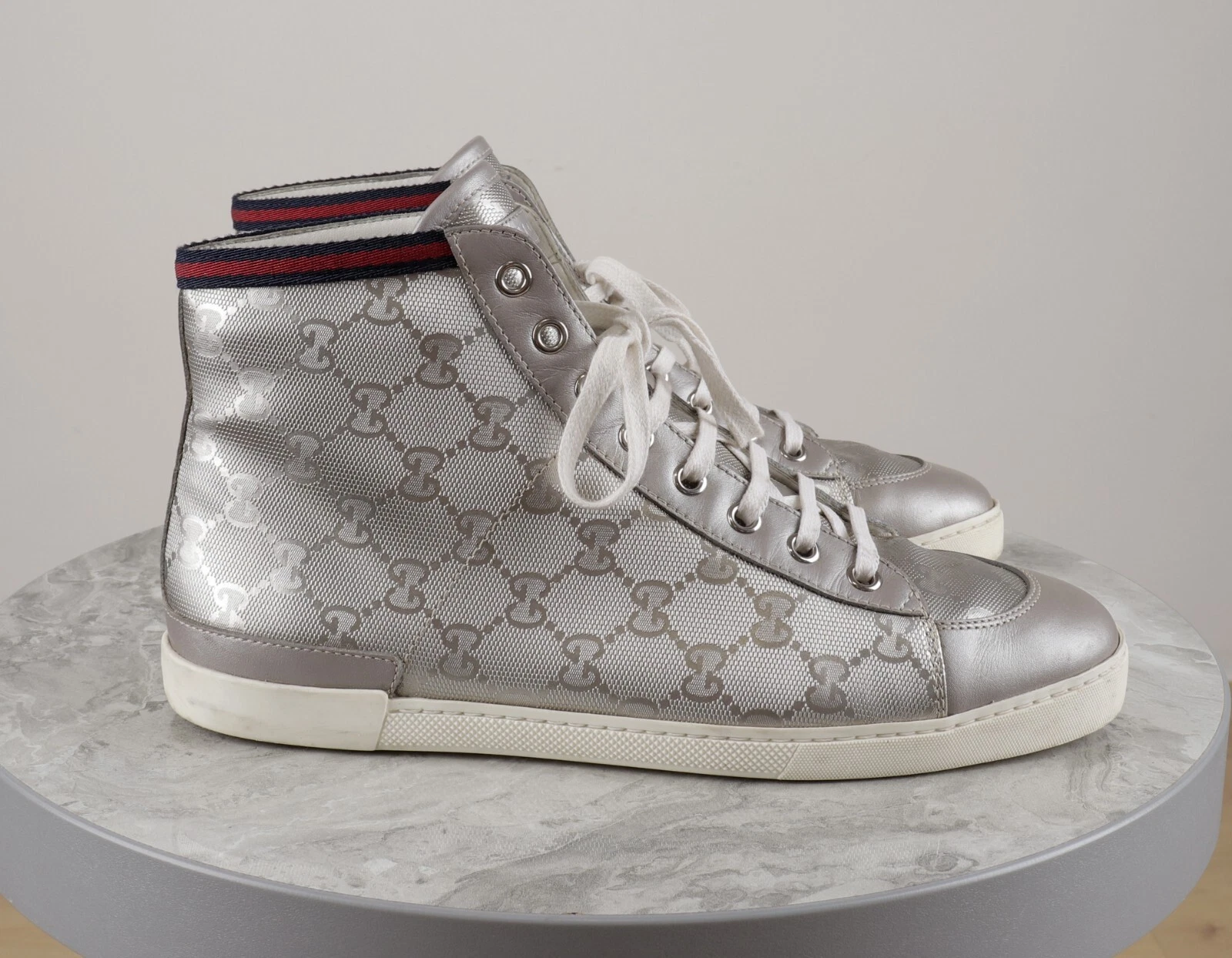 Baskets montantes femme Gucci monogramme cuir argenté rayures toile pointure 37,5 G
