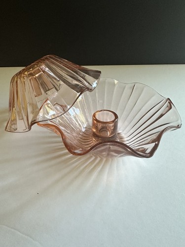 2 Pink Depression Glass Candle Holders Cottage Decor Art Nouveau Ruffled Optic - Picture 16 of 24
