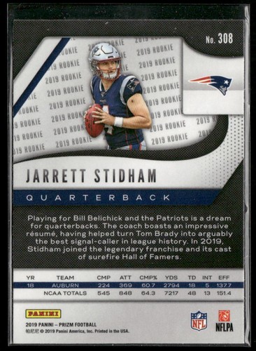 Jarrett Stidham 2019 Panini Prizm #308 New England Patriots RC castaño rojizo - Imagen 2 de 2