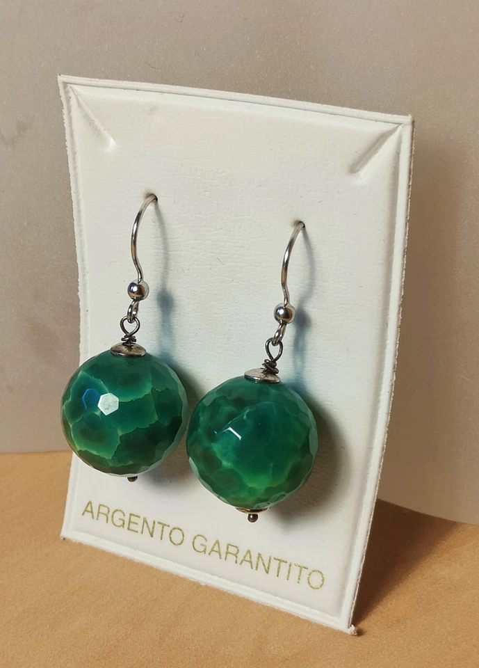 Orecchini Argento 925 Silver pendenti sfera Pietra Dura Agata Verde Donna  - Immagine 2 di 4