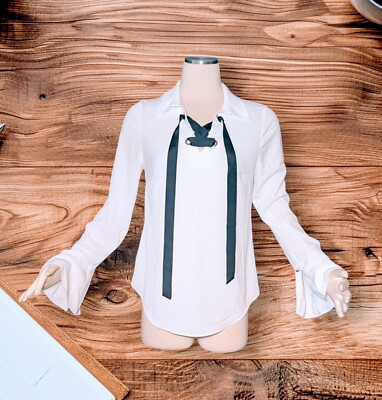 WHITE HOUSE BLACK MARKET Bell Sleeve White Button Up Top Shirt LACE UP Women's 6