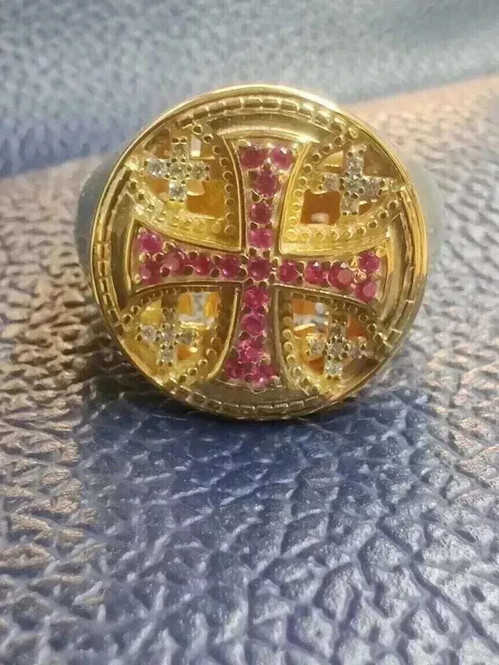 Lab Created Ruby 1.5Ct Round Jerusalem Cross Wedding Ring 14K Yellow Gold Plated - Image 4 of 4