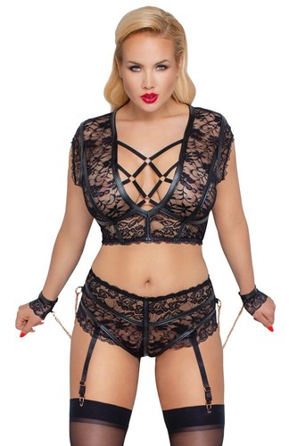 BRA SET plus size CAMI STYLE 2 PC SET O CROTCH RESTRAINTS LACE BLACK XL-4X - Picture 2 of 5