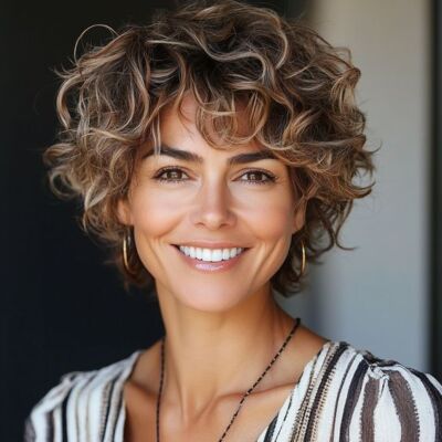 Short Pixie Cut Human Hair Loose Curly Wigs with Bangs Caramel Brown glue