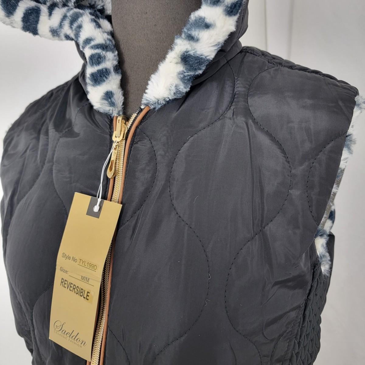 Saeldon Womens Reversible faux fur white & black VEST hooded zip