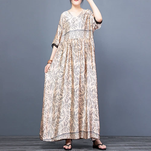 Damen schickes bedrucktes Kleid Seide V-Ausschnitt Oversize Kleid lang Maxi Morgenmantel - Bild 5 von 24