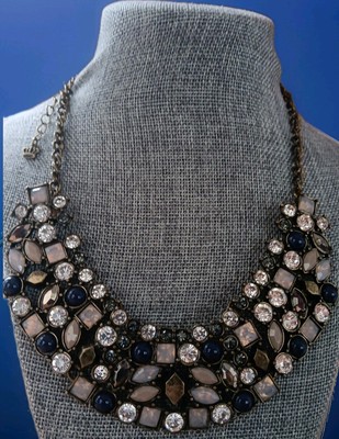 Premier Designs Rhinestone, Navy And Irredecent White Bead, Bib Necklace