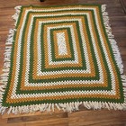 Vtg Handmade Crochet Granny Blanket 72"x 72" Colorful Afghan Throw Green/gold