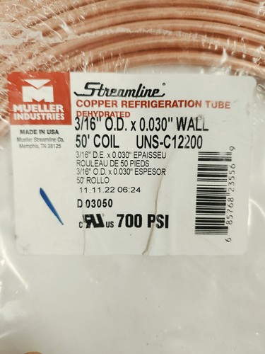 Streamline Copper Refrigeration Tube 3/16" OD x 0.030" Wall x 50' UNS-C12200