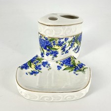 Floral Bathroom Set Toothbrush Holder Soap Dish Forget Me Nots Blue Flowers