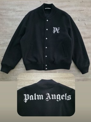 Palm Angels Monogram Embroidered Snap Front Bomber Jacket Black Sz 52/XL Italy