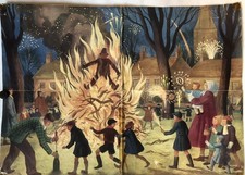 Vintage 1951 BONFIRE NIGHT JOHN HARWOOD Child Education 24x18” Print