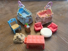 Misc Dollhouse items. Including Fisher Price Loving Family Twin Bassinet Cribs
