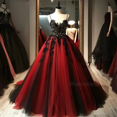 Red And Black Wedding Dress Spaghetti Straps Long Vintage Bridal Lace Appliques