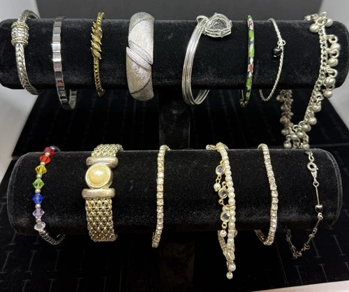 Costume Vintage Jewelry Bracelets Lot Of 14 Gemstone, Silver, & Gold Tones