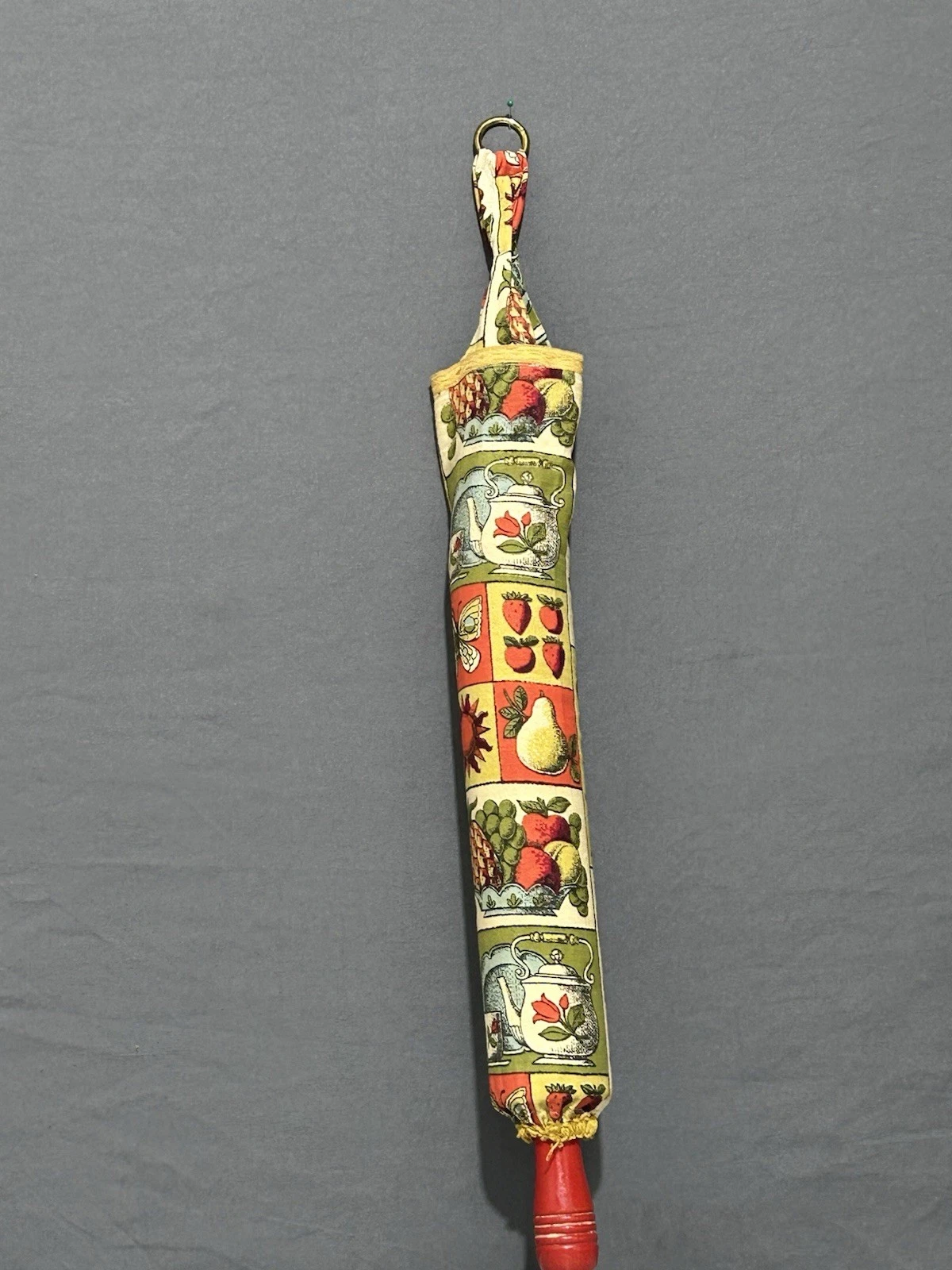 Vintage Wood Rolling Pin Red Handles W/Hanging Storage Bag