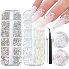 4 Boxes Nail Art Rhinestones Flatback Rhinestones A-Clear & AB & White Beige