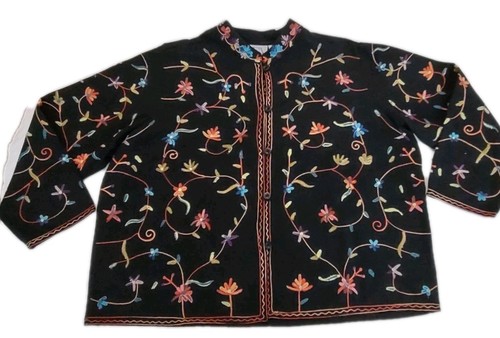 BFA Classics Damen Jacke schwarz Blumen bestickt Knopfleiste Baumwolle Größe 2X