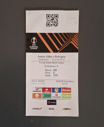 Aston Villa v Bologna Match Ticket 25.09.2025 - RARE Football Memorabilia