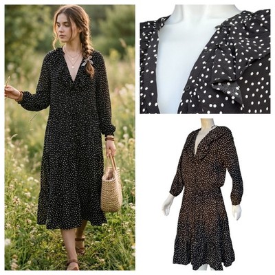 Polka Dot Tiered Midi Dress Black White Ruffle V-Neck Parisian Chic Boho Size M