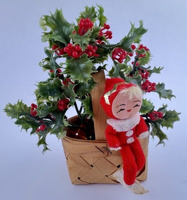 Elf Pixie In Basket Holly Berry Tabletop Decoration Vintage Japan