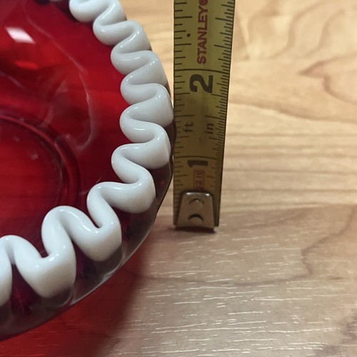 Vtg Fenton Glass Ruby Red with White Crimped Edge Heart Candy Dish Bowl Nappy 6" - Picture 7 of 7