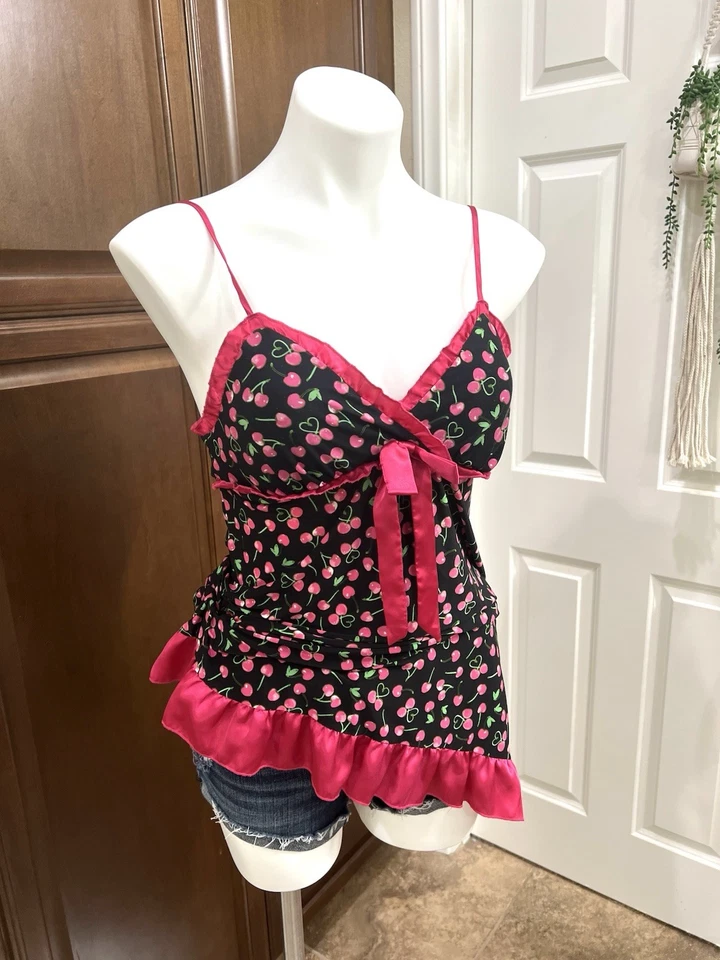 De Colección Jenni Jennifer Moore Babydoll Sedoso Camisón Vestido Sin Mangas Negro Rosa Cerezas M Foto 3 de 4