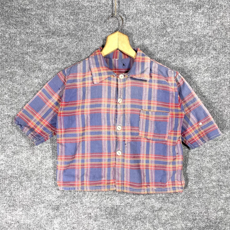 VINTAGE 20s 30s Flannel Shirt Childrens Cotton Plaid 1920s 1930s Work Antique - Image 2 of 4