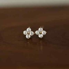 Delicate Tiny CZ Flower 14K Gold Plated 925 Silver Claw Post Daily Stud Earrings