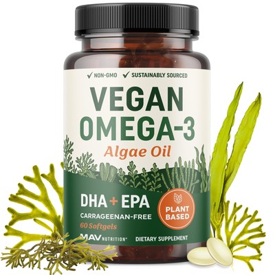 Vegan Omega 3 Algae Oil Plant Based DHA EPA Sustainably Sourced, No Carrageenan,