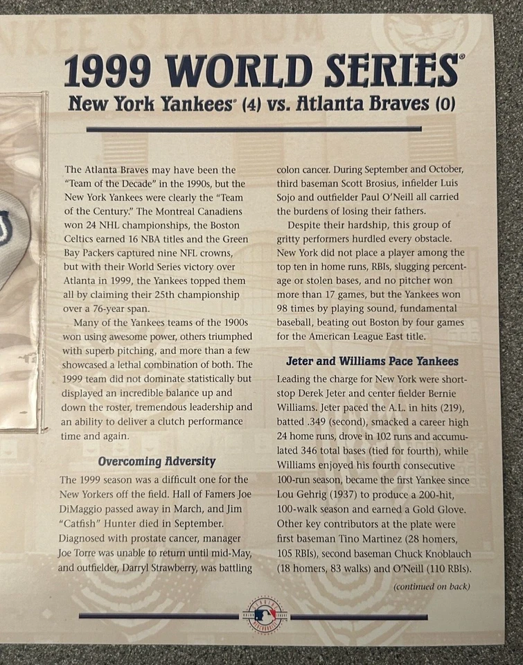 Parche oficial de béisbol MLB serie mundial de los Yankees de Nueva York 1999 Willabee Ward Foto 4 de 4