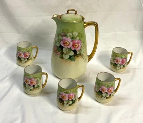 Antique Bavaria Hand Painted Chocolate Pot and Set of 5 Cups Green, Gold Trim - Picture 1 of 22