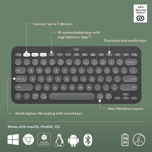Logitech Pebble Keys 2 K380s, Tastiera Wireless Bluetooth Multi-Dispositivo - Foto 4 di 11