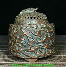 4.3"Old China Dynasty Purple Bronze Fengshui Crane Incense Burner Censer