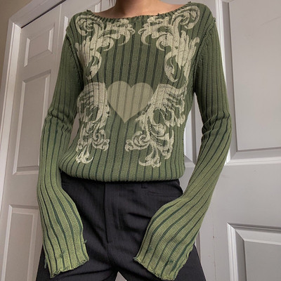 Grunge Fairycore Printed Sweaters Green 